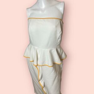 Eva Mendes New York and Company White and Gold No Sleeve Formal Dress with Ruffl